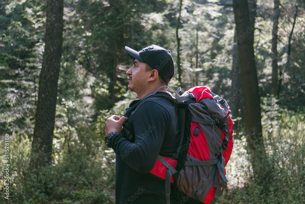 A man traveler walks through the woods