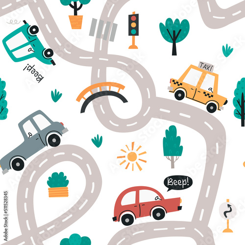 Baby seamless pattern with cute cars.