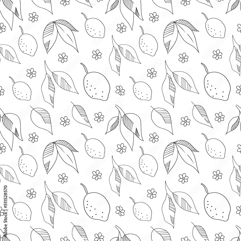 Vector seamless pattern with juicy lemons and leaves. Outline style pattern Vector seamless pattern with juicy lemons and leaves. Outline style pattern