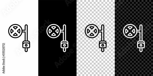 Set line Stop sign with camera icon isolated on black and white, transparent background. Traffic regulatory warning stop symbol. Vector