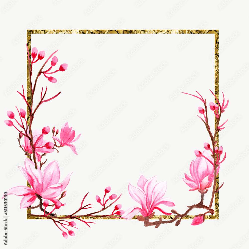 Watercolor illustration of a wreath of gold and sakura,lotus. For invitation design.