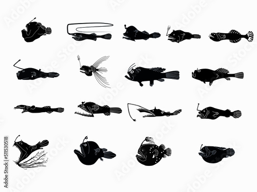 deep sea fish vector silhouette collection .anglerfish vector 
