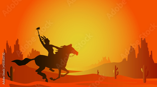 Silhouette of Native American Indian riding horseback with a spear axe, vector illustration
