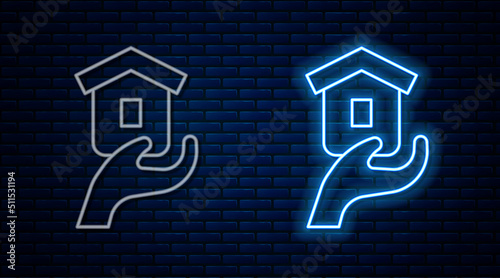 Glowing neon line Shelter for homeless icon isolated on brick wall background. Emergency housing, temporary residence for people, bums and beggars without home. Vector