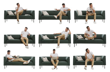 Collage with photos of man sitting on stylish sofa against white background