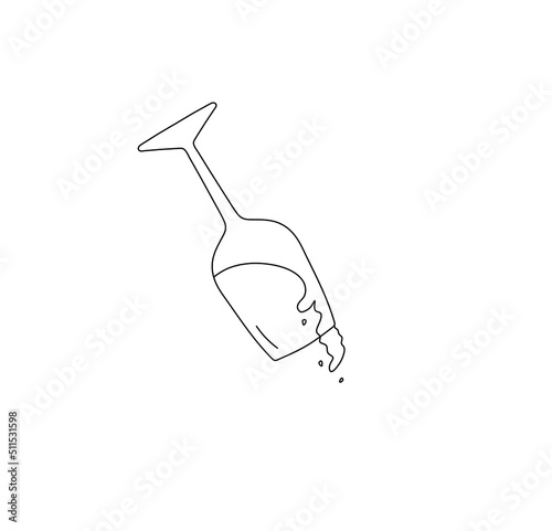 Vector isolated falling overturned glass of wine with splashing vine colorless black and white contour line drawing