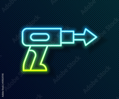 Glowing neon line Fishing harpoon icon isolated on black background. Fishery manufacturers for catching fish under water. Diving underwater equipment. Vector