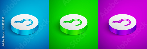 Isometric line Sickle icon isolated on blue, green and purple background. Reaping hook sign. White circle button. Vector