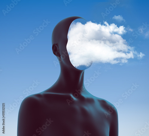 Abstract creative illustration from 3D rendering of female bust figure with cloudy face isolated on blue sky background in vaporwave style color palette gradient.