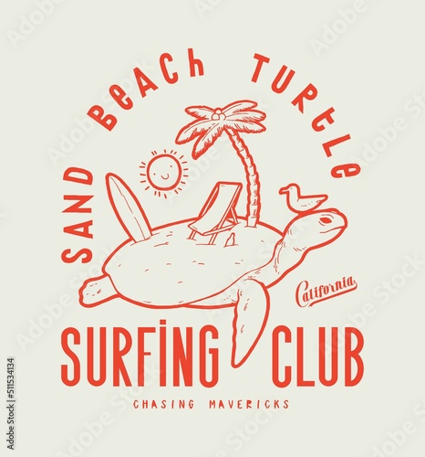 Sand beach turtle. Sea turtle with a beach on it's back with a palm-tree, sling chair and a surfboard. Seagull sitting on turtle's head and sun character in the sky. Surfing t-shirt print.