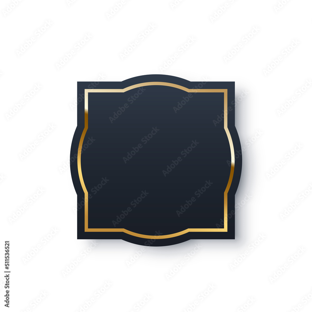 Square with gold frame vector illustration. Elegant black decor object with shine border and shadow, realistic design with glitter light effect isolated on white background Square with gold frame vector illustration. Elegant black decor object with shine border and shadow, realistic design with glitter light effect isolated on white background