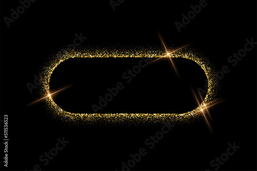 Oval gold frame from glitters with glow light effect, golden ellipse from luxury dust
