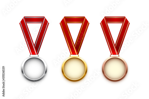 Golden, silver and bronze blank medals hanging on red ribbons isolated on white background. Vector sports illustration.