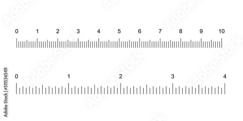 Ruler tape set with vertical black line divisions and numbers to measure length vector illustration. Simple school tool 4 inches and 10 centimeters long, objects for math lesson on white background
