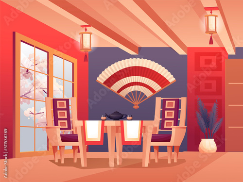 Japanese restaurant interior with table and chairs, fan on wall, sakura blossom in window