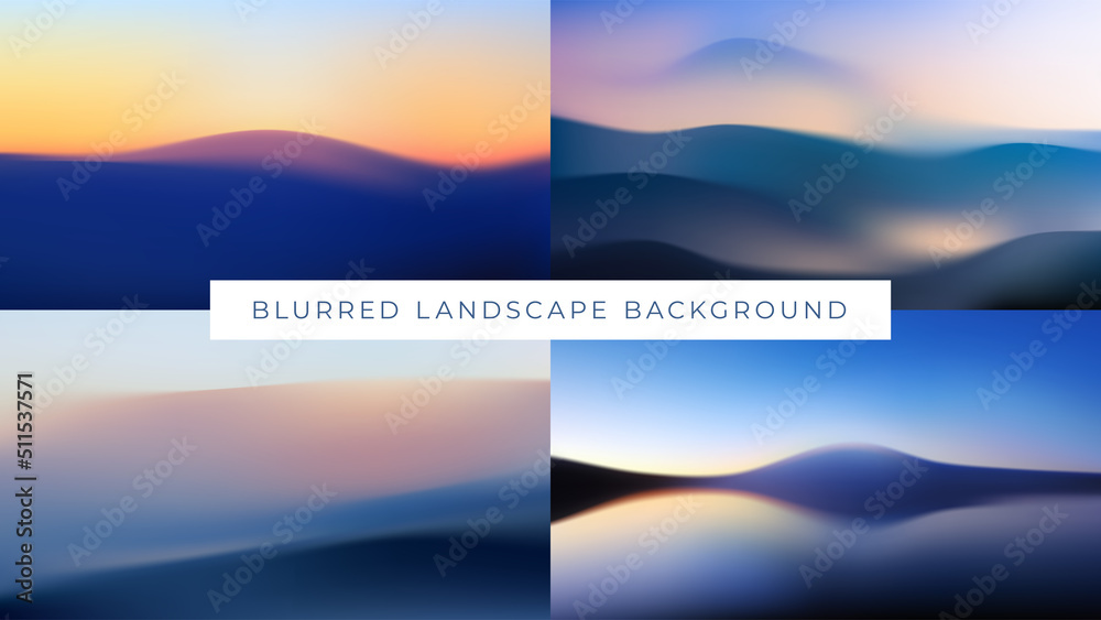 Set of blurred gradient landscapes and seascapes in fog. Vector illustration of mountain slopes at sunset, desert dunes at sunrise. Abstract wavy background. Wallpaper with silhouettes of hills.