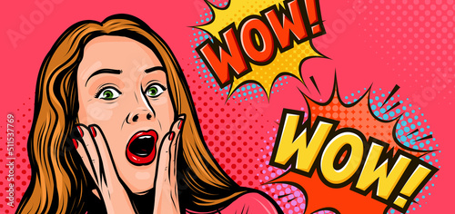 Foto Surprised girl with open mouth in pop art retro comic style