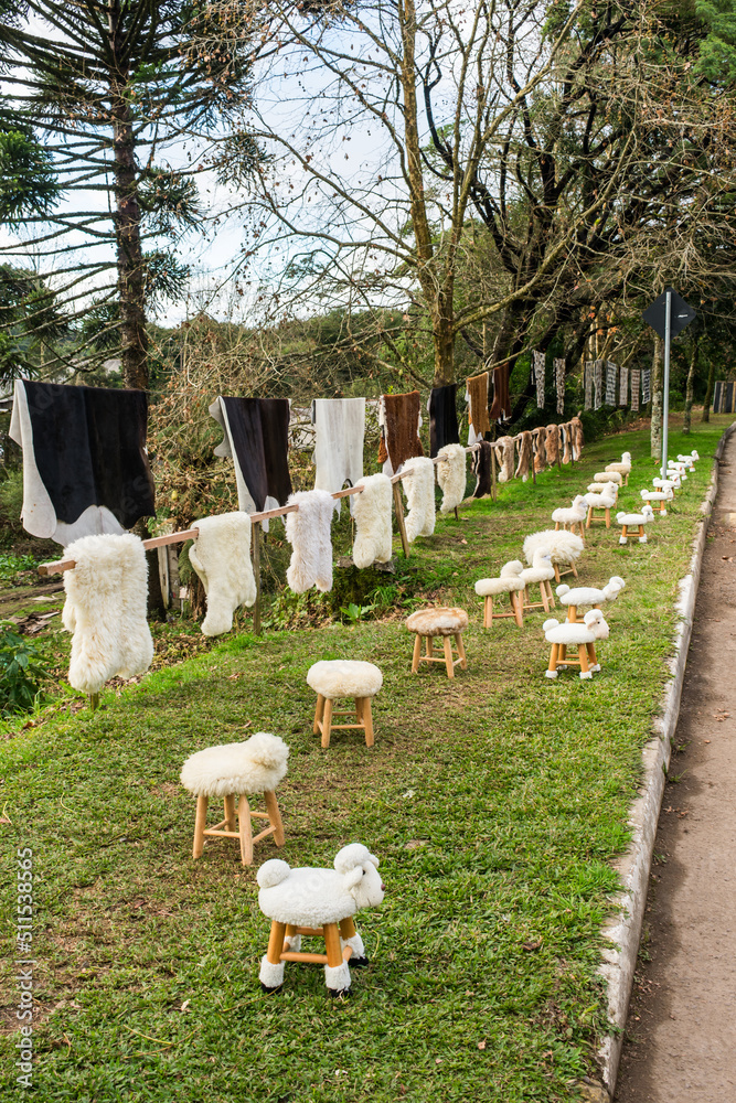 Cowhide and sheepskin articles for sale on the side of the road in Sao Francisco de Paula - Brazil Cowhide and sheepskin articles for sale on the side of the road in Sao Francisco de Paula - Brazil