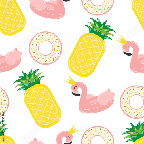 Seamless pattern with summer elements: inflatable circle in the form of a donut and flamingo, swim mattress in the form of a pineapple. Summer beach party. Vector image.