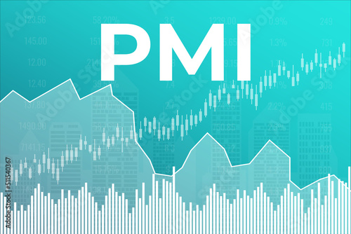 Word PMI (Purchasing Managers Index) on cyan finance background with line and chart. Global economy concept