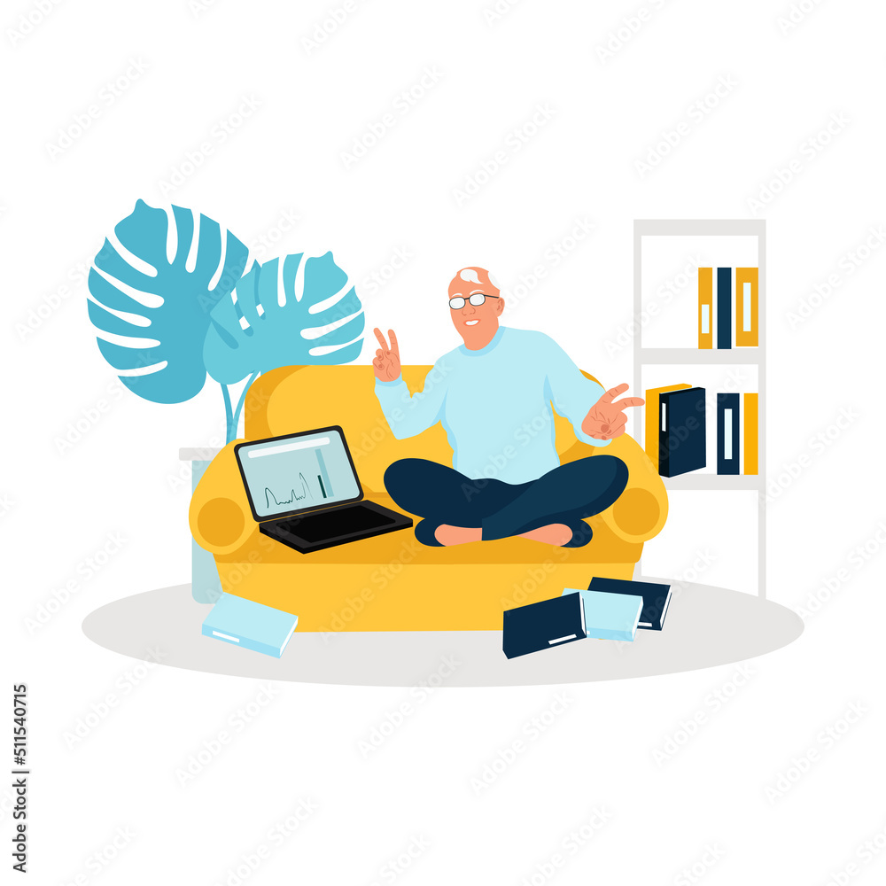 An elderly man is sitting on the couch with a laptop. Shows the victory gesture. Vector illustration