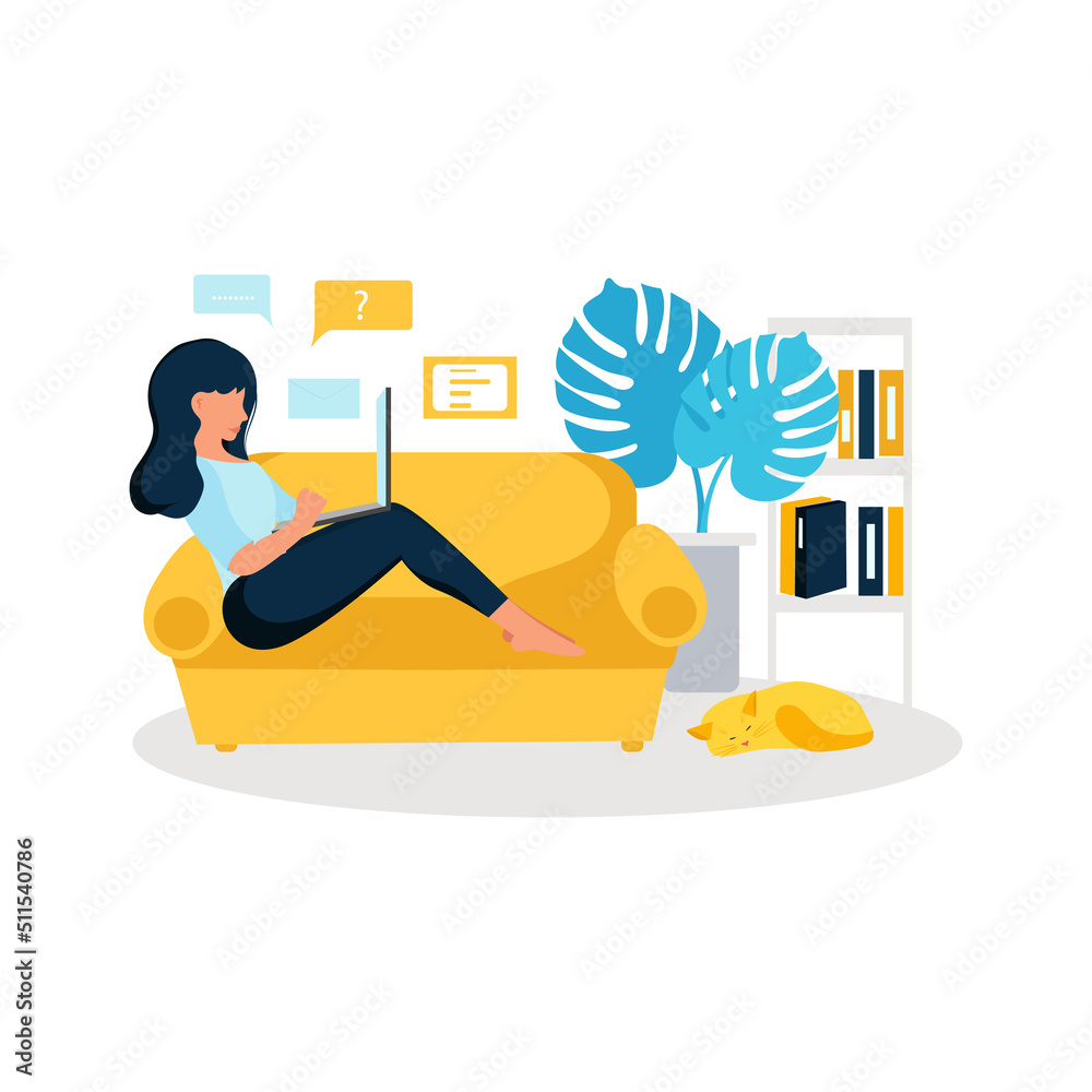 The girl is working on a laptop on the couch. Freelance, remote work. Vector The girl is working on a laptop on the couch. Freelance, remote work. Vector