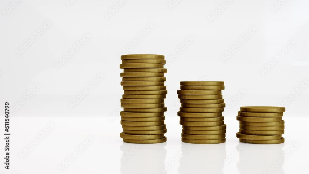 3D animated golden coins stacking in 3 parts on white background. 3D render. 3D animated golden coins stacking in 3 parts on white background. 3D render.