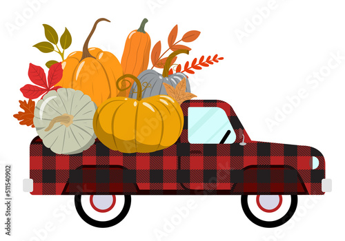 Red buffalo plaid pickup truck with colorful fall pumpkins. Happy Thanksgiving, and harvest season. Vector illustration. Isolated on white background.