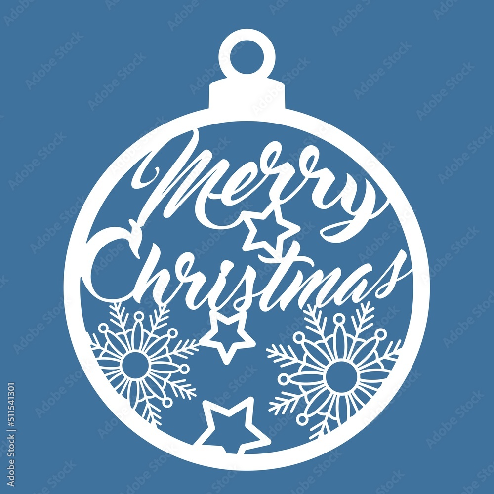 Obraz premium Christmas ball with snowflakes and stars cut out of paper. Template for Christmas cards. The image is suitable for laser cutting or printing. Festive background, vector illustration.