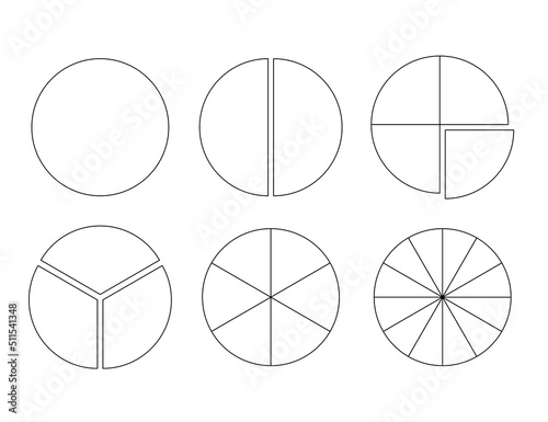 Set of circles segmented into sections. Pie or pizza shapes cut in equal slices in outline style. 
Round statistics chart examples isolated on white background. Vector illustration