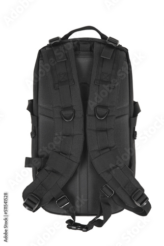 Modern tactical backpack with zippers and additional pockets. Large secure bag. Isolate on a white back.