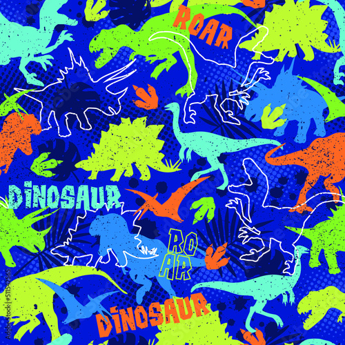 Seamless dinosaur pattern for printing on textile or other surfaces, background for boys, dino pattern with grunge effect