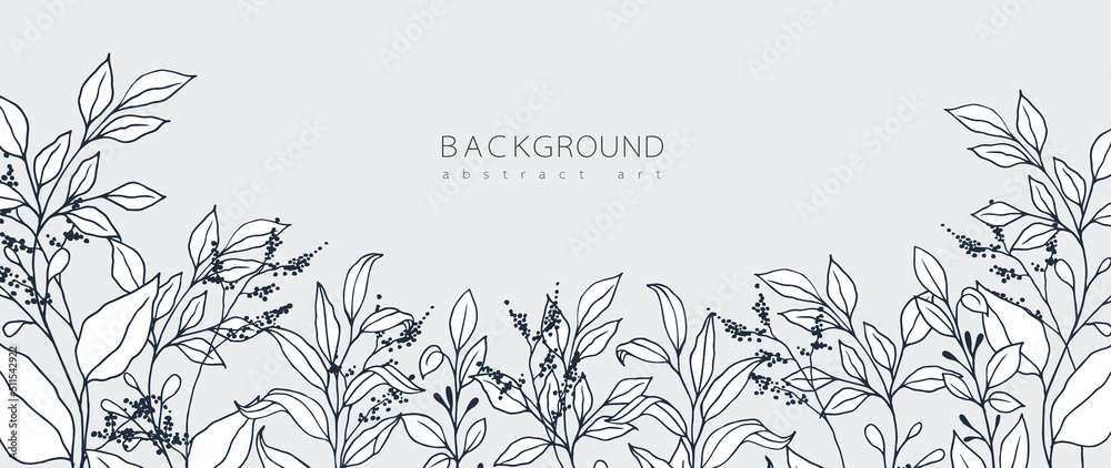 Fototapeta premium Abstract art background vector. Minimal style wallpaper with line art flower and botanical leaves, Organic shapes, Watercolor. Vector background for banner, poster, Web and packaging.