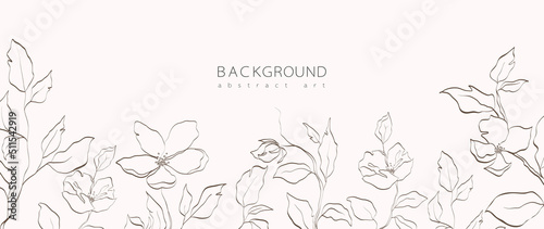 Abstract art background vector. Minimal style wallpaper with line art flower and botanical leaves, Organic shapes, Watercolor. Vector background for banner, poster, Web and packaging.