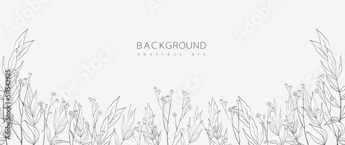 Abstract art background vector. Minimal style wallpaper with line art flower and botanical leaves, Organic shapes, Watercolor. Vector background for banner, poster, Web and packaging.