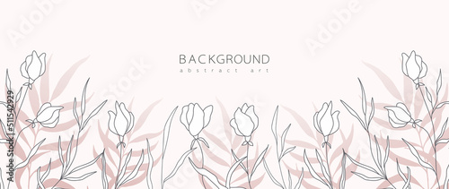 Abstract art background vector. Minimal style wallpaper with line art flower and botanical leaves, Organic shapes, Watercolor. Vector background for banner, poster, Web and packaging.