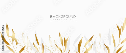 Abstract art background vector. Minimal style wallpaper with golden line art flower and botanical leaves  Organic shapes  Watercolor. Vector background for banner  poster  Web and packaging.