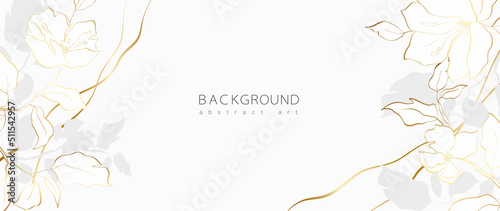 Abstract art background vector. Minimal style wallpaper with golden line art flower and botanical leaves, Organic shapes, Watercolor. Vector background for banner, poster, Web and packaging.