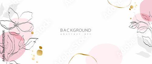 Abstract art background vector. Minimal style wallpaper with golden line art flower and botanical leaves, Organic shapes, Watercolor. Vector background for banner, poster, Web and packaging.