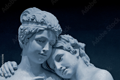 Women Embracing Sculpture, Head and Hand Detail Perspective with Copy Space