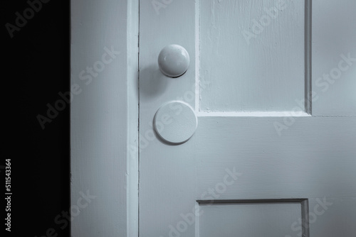 White door and the round handle  close-up partial view
