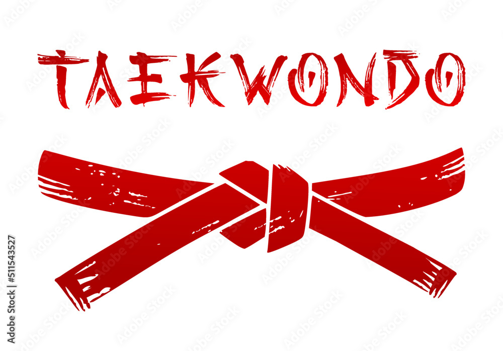 Vector red belt stencil silhouette drawing illustration taekwondo calligraphy word text lettering calligraphic strokes in the Japanese character style.White black t shirt print design.Sport.Wrestling.