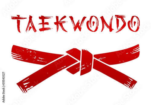 Vector red belt stencil silhouette drawing illustration taekwondo calligraphy word text lettering calligraphic strokes in the Japanese character style.White black t shirt print design.Sport.Wrestling.