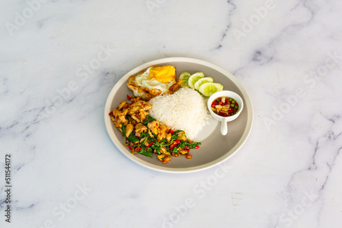 basil pork fried rice thai food. Thai Food concept Khao pad krapow rice and minced beef Thai holy basil stir-fry with fried egg