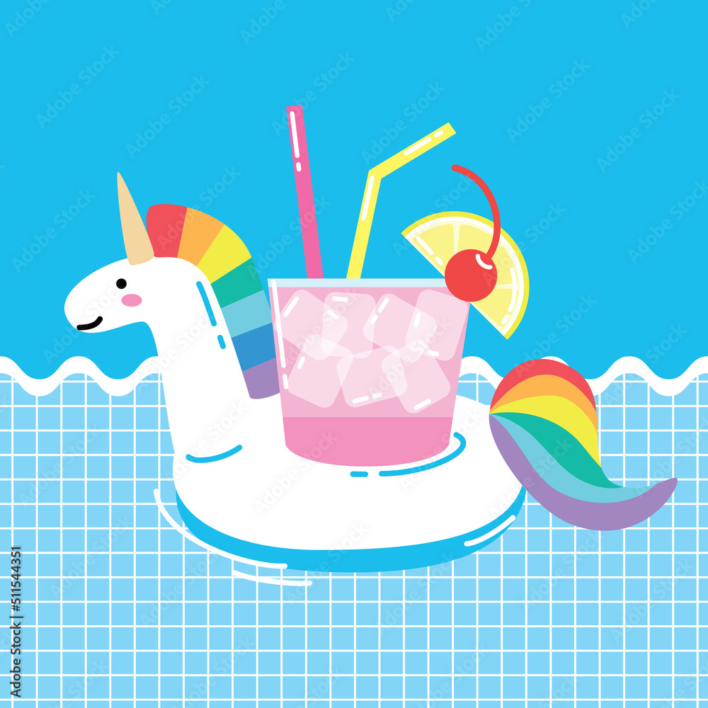Illustration of inflatable unicorn and drink 