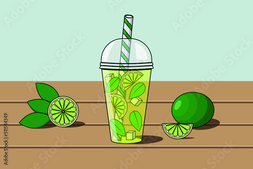 Glass of mojito cocktail with straws and lime. Summer drink with ice. Flat style illustration