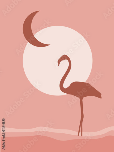 Abstract vector illustration with flamingo silhouette in muted pink color. Elegant design perfect for print, card, poster, home decor 