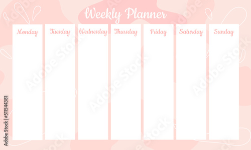 Vector weekly planner template with hand drawn shapes in pastel colors.Organizer and schedule with place for notes.Trendy minimalistic style. Abstract modern design.