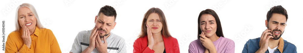 Collage with photos of people suffering from toothache on white background. Banner design Collage with photos of people suffering from toothache on white background. Banner design
