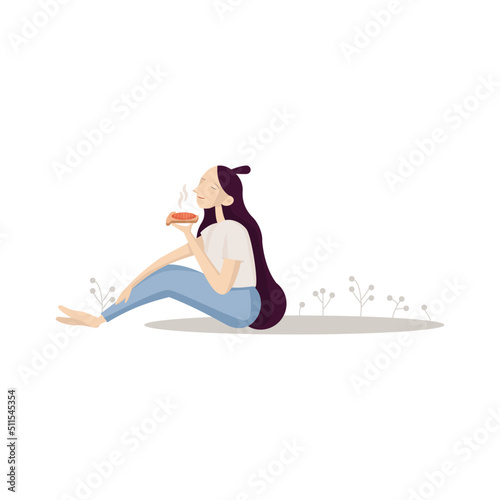 Flat vector illustration on white isolated background. Beautiful girl. The concept of rest or lunch. Girl holding a sandwich with red fish.
